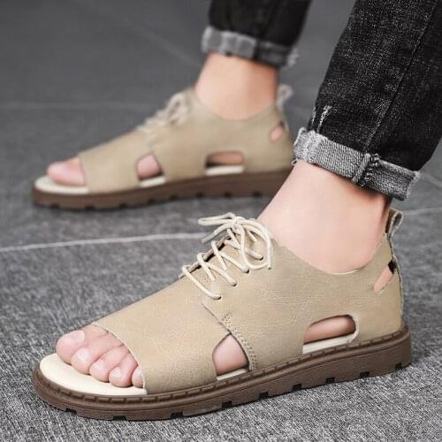 Mens Summer Sandals Open Toe Leather Lace Up Hollow Flat Sandals Comfortable Soft Bottom Anti Slip Casual Sandals Black Sandy