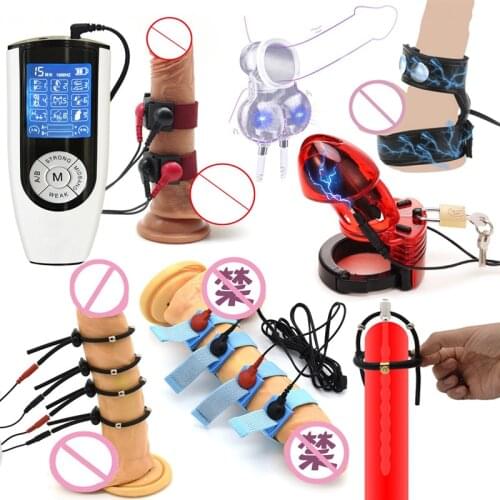 Strongest Electric Shock Cock Cage Scrotum Sleeve E-Stim Therapy Massage Penis Plug Ring Penis Extender Male Chastity Sex Tool