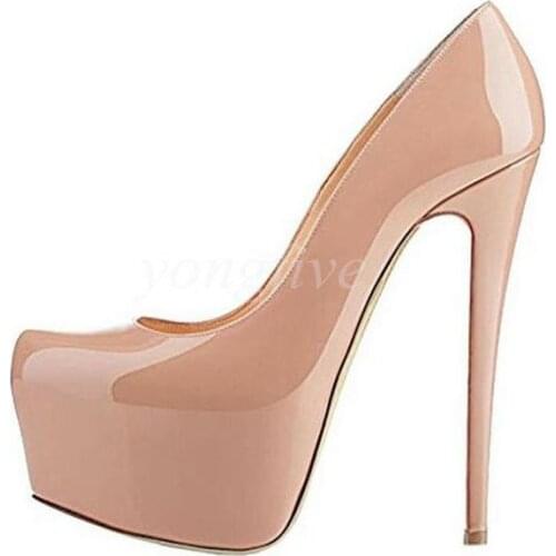 Carpaton New Ladies Synthetic Stiletto High Heel Apricot Platform Round Toe Light Pumps Sexy 16cm Heels Woman Dress Shoes