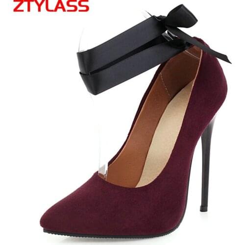 Women Faux Suede Summer High Heel Pumps Fashion Cross Tied Thin Heel Women Shoes Pointed Toe Dress Spring Lady Pumps 34-45