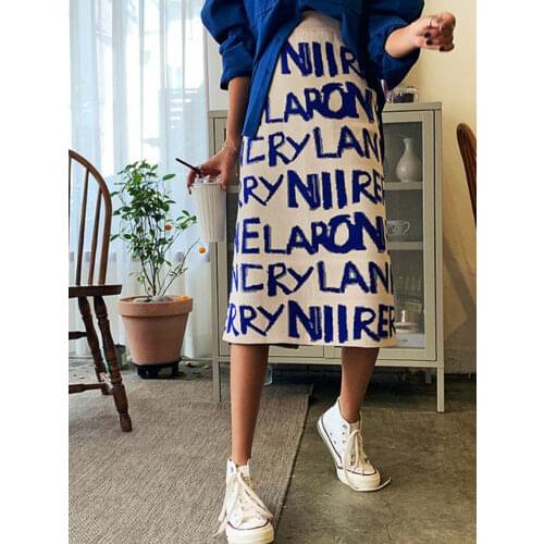 Womens Letter Knit Skirt Autumn Winter New High Waist Split Straight Office Lady Long Warm Step Faldas ML297