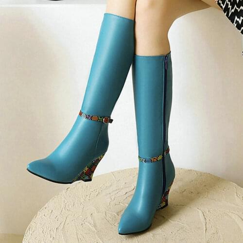 2021 Women Knee High Boots Fashion Pointed Toe Wedges High Heel Ladies Calf Boots PU Leather Buckle Side Zipper Womens Boots