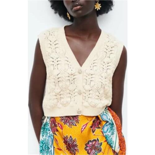 Za Women Kintted Cardigan Sweater Vest 2021 Solid Autumn Gemstone Buttons Single-Breasted Hollow Out Coat Vintage Chic Outwear