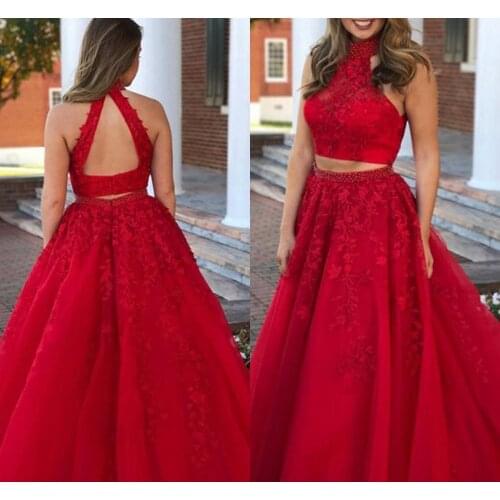 2021 vestido formatura Elegent Red A-line Appliques Long Evening Dress Two Piece Beads Prom Dress Women Formal Party Gown