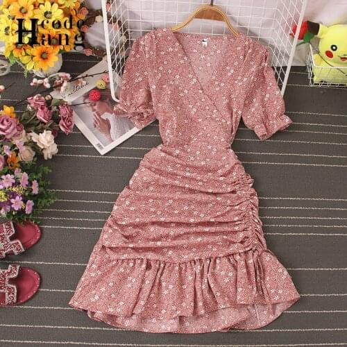 HangCode Sexy V-neck Package Hips Drawstring Knee-length Dress Bodycon Vestidos Ins Fashion Summer Floral Print Ruffled Dress