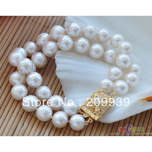 2row 8" 11mm round white freshwater pearl bracelet