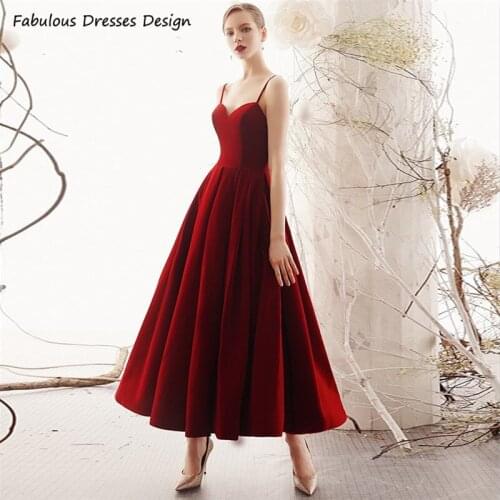 2021 Ankle Length Prom Dresses Burgundy Spaghetti Strap Backless Sweetheart Evening Dress Party Satin A Line Vestido De Fiesta
