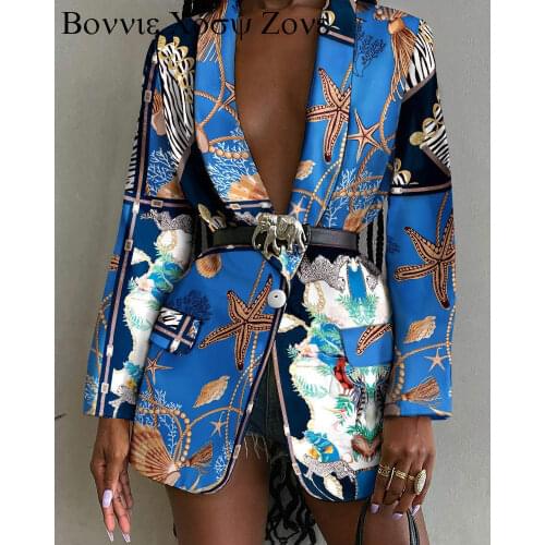 Starfish Print Shawl Collar Flap Detail Single Button Blazer Turn-down Collar Elegant Abstract Graphic Work Coat