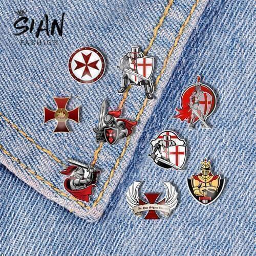 SIAN Knights Templar Red Cross Brooches Pins Acrylic Army Crusader Masonic Freemason Symbol Glass Crystal Round Badge Collar Pin
