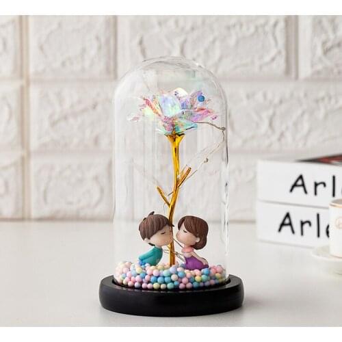Gold Foil Galaxy Rose Flower With Fairy String Lights LED Light Artificial Flowers In Glass Dome Valentines Day Wedding Gifts