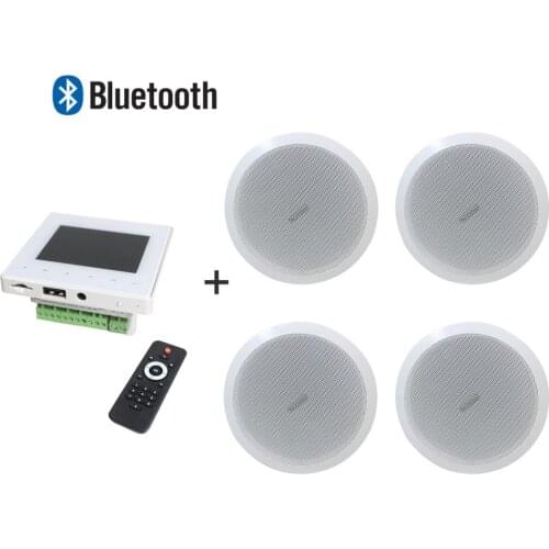 Home audio system Mini wall amplifier with Wireless Remote Control and 4 full range ceiling speakers, Supports USB/SD/AUX/FM/BT
