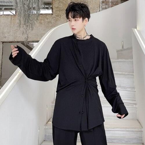 Tshirt Men Adjustable Width Niche Fashion Asymmetric T-shirt Mens Japanese Streetwear Long Sleeve Bottomed Tee Shirt Top