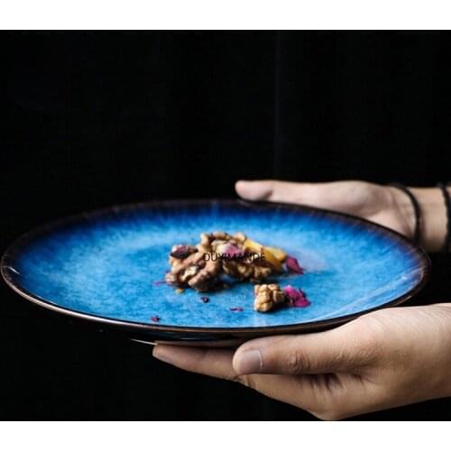 Ceramic Western Style Blue Round Flat Tray Food Steak Dinner Plate Tableware Plates Plates Dinner