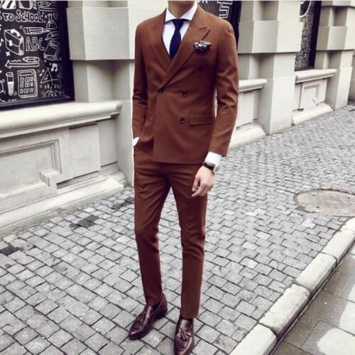 Handsom Brown Mens Evening Dress Toast Suits Prom Party Clothing Fashion Double Breasted Groom Tuxedos (Jacket+Pants+Tie) W:499