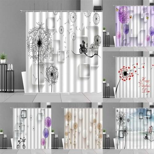 Flying Purple Dandelion Floral Shower Curtains Cartoon Lovers Dandelions Flower Plant Plaid Bath Curtain Children Room Decor Set