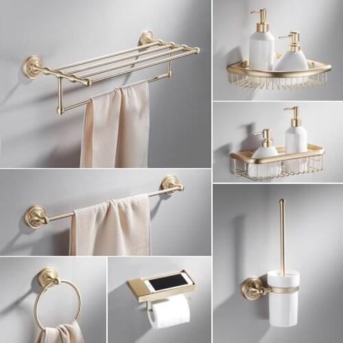 Bathroom Accessories Set Brushed Gold Brass Paper Holder Towel Bar Towel Rack Toilet Brush Holder Corner Shelf Bath Hardwre Set