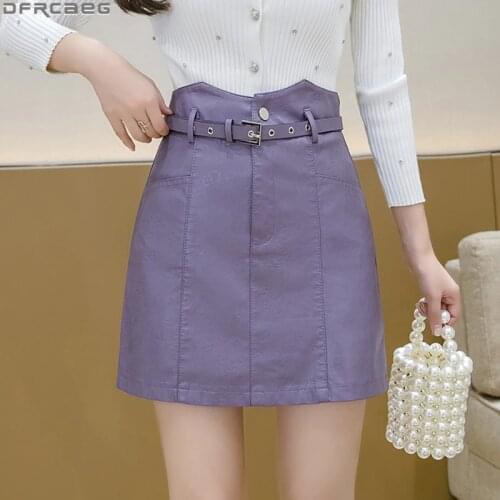 New Fashion High Waist Mini Women Skirts A-line With Belt Autumn and Winter Leather Skirt Female Blue Black Beige Purple Skirt