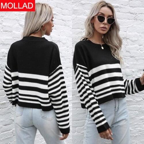 Spring and Autumn New Knitted Striped round Neck Sweater Womens Loose Pullovers Sweaters Black White Striped Women Sweaters