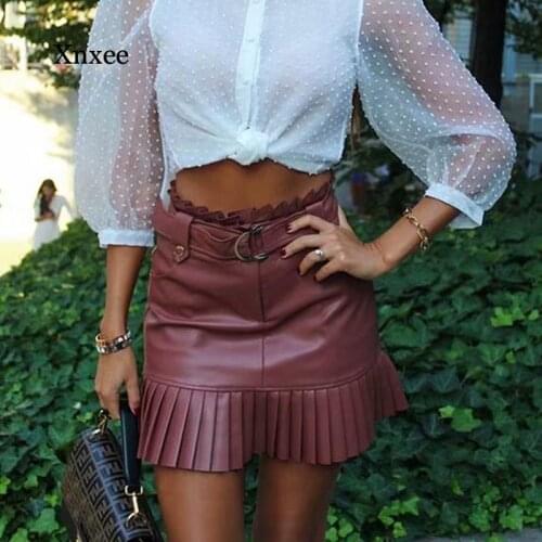 Girls High Waist Pleated Mini Skirt Female Black Skirt Korean Style Elegant Mini Skirt Woman Made Leather Skirt with Pockets