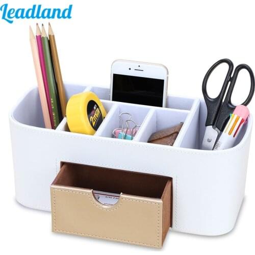 6 Grids PU Leather Pen Pencil Holder with One Drawer Storage Box 3 Colors Makeup Desk Organizer Jewelry Case