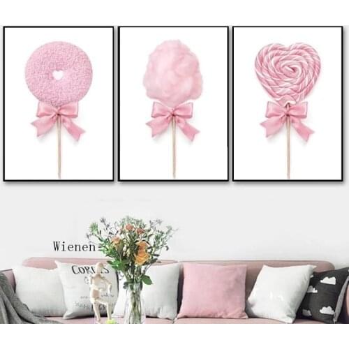 Nordic Posters and Prints Pink Cotton Candy Lollypop Donut Canvas Painting Wall Pictures for Girl Room Dessert Shop Decoration