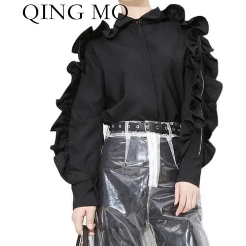 QING MO 2021 Autumn Fashion New Blouse Lace Long Sleeved Solid Color Shirt Tops Women Trend Street Blouses Black White ZWL280