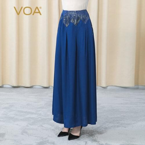 VOA Silk Jacquard Irregular Pocket Fold Navy Blue Bamboo Fashion Joker Long Skirts for Women CE71 faldas mujer moda 2021