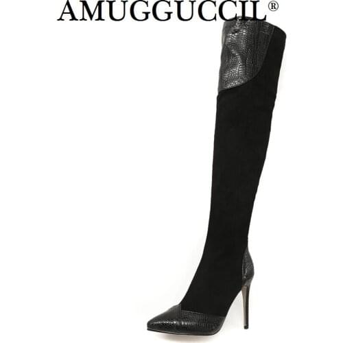 Plus Big Size 32-46 Black Wine-red Over The Knee Sexy Thigh High Heel Autumn Winter Warm Female Lady Women Boots X1732