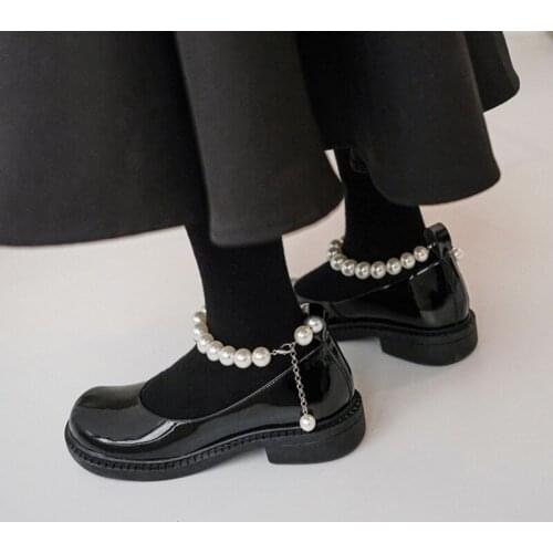 Ochanmeb Genuine Leather Shoes Women Low Heels String Pearls Ankle Strap Platform Flats Round Toe College Girl Shoe Ladies 33-40