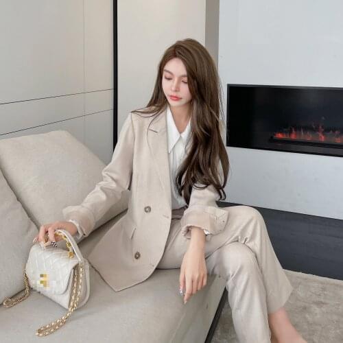 2021 Autumn Fashion Double Breasted Womens Suits Blazer With Pants Office Wear Black 2 Piece Sets Clothes Black
