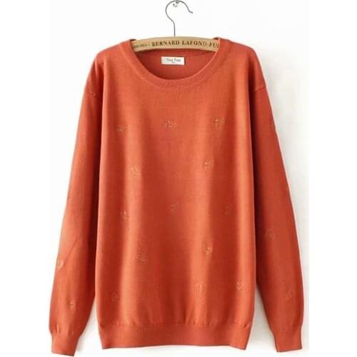 Plus Size 2XL-4XL Knitted Womens Embroidery Autumn Sweaters Long Sleeved Vintage Pullovers Casual Outerwear