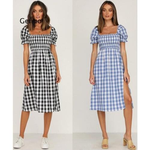 Blue square collar plaid women dress Summer A-line high waist puff sleeve dress Elegant Mid-length short-sleeved dress