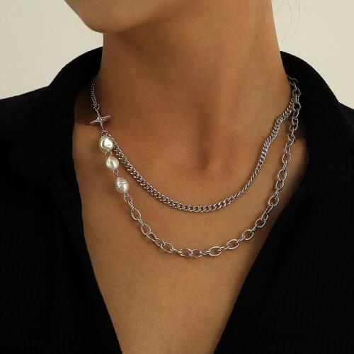 Silver Color Double Chains Necklaces for Women Imitation Pearls Rhinestone Star Link Clavicle Chain Necklace Short 2021 New