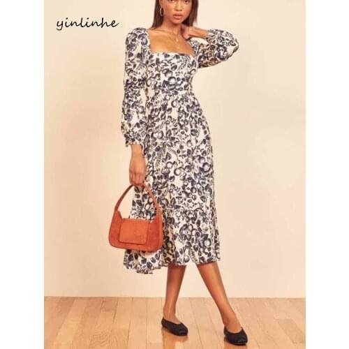 Yinlinhe Vintage White Black Long Dress Women Elastic Waist Siim Spring Dress Long Sleeve Square Collar French Style Dresses 951