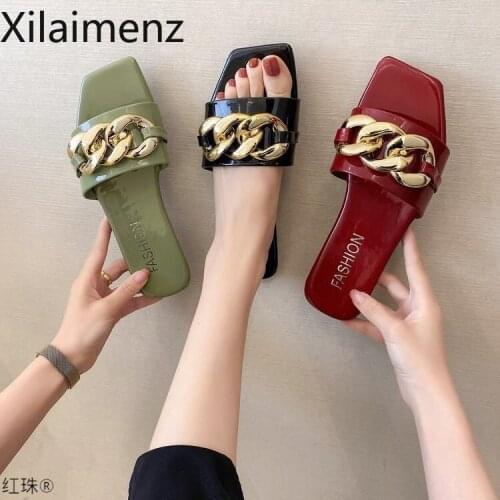 2021 Women Slippers Fashion Chain Decoratie Vierkante Open Toe Teen Platte Outdoor Personality Street Punk Woman Shoes