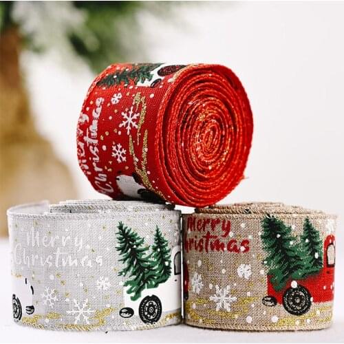 5m Merry Christmas Burlap Ribbon Truck Xmas Tree Printed Ribbon Christmas Tree Ribbon Bow Wreath DIY Gift Wrapping Crafts Decor