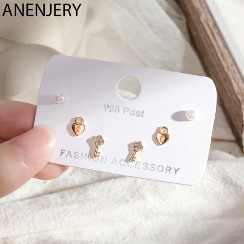ANENJERY Delicate Key Heart Lock Pearl Small 6-piece Earrings Set For Women Friend Gift Party Jewelry S-E1231