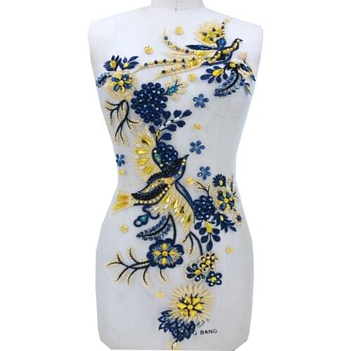 Big Multicolored embroidery lace applique with peal rhinestones trim patches 68*27cm for dress accessory