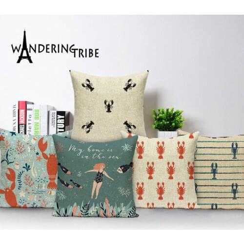 Cartoon Marine Life Throw Pillow Animals Decorative Pillowcase Lobster Pattern Cushions for Living Room Mermaid Seahorse Cojin