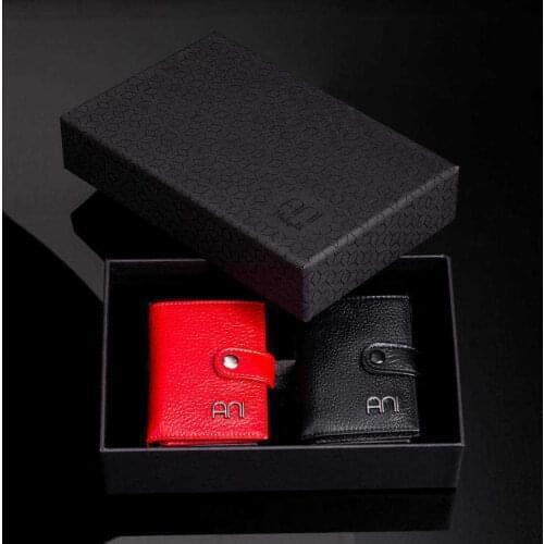 Genuine Leather Card Holder Wallet with Pop-Up Mechanism Black and Red For Couples