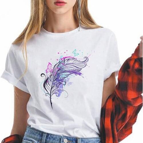 Elegant T-Shirts Womens Clothing Feather Print Ropa Aesthetic Cheap Artsy Fashion Style Pullover 2021 New Oversize Shirt Hipster