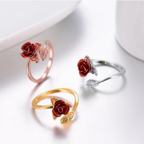 Red Rose Garden Flower Leaves Open Ring кольцо Resizable Finger Rings For Women Valentines Day Gift Jewelry