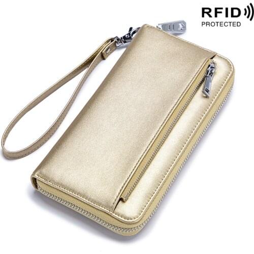 Anti Theft Womens Wallet Genuine Leather Wallets Female Fashion Coin Purse Long Clutch Purses Phone Card Holder Passport Bag