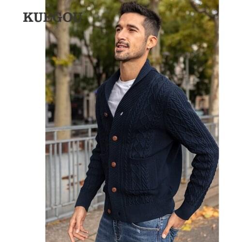 KUEGOU 2021 Autumn 100% Cotton Plain Blue Sweater Men Cardigan Casual Jumper For Male Brand Knitted Korean Style Clothes 2201