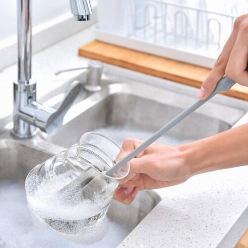 Multifunctional Long Handle Bottle Cleaning Brush Kitchen Water Tea Glass Cup Washing Sponge Brush with Hanging Hook