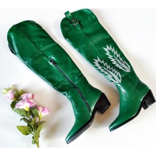 Fashion Embossed Microfiber Leather Women Knee High Boots Pointed Toe Western Cowboy Boots Women Zip Chunky Wedges Boots Runway