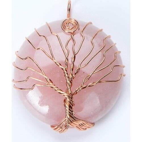 Natural Stone Chakra White Crystal Pink Quartz Round Necklace Pendants Reiki Tree of Life Rose Gold Wire Wraped Women Jewelry