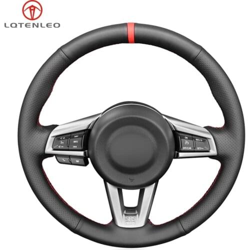 LQTENLEO Black Genuine Leather Hand-stitched Anti-Slip Car Steering Wheel Cover For Mazda MX-5 2015 2016 2017 2018 2019 2020