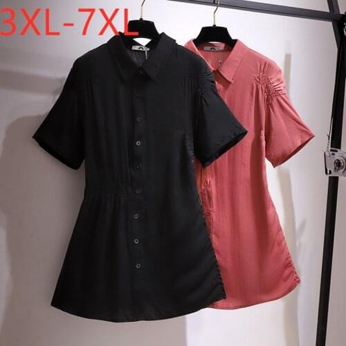 New 2021 Ladies Summer Plus Size Shirt Dress For Women Large Short Sleeve Loose Black Ruffle Mini Dress 3XL 4XL 5XL 6XL 7XL
