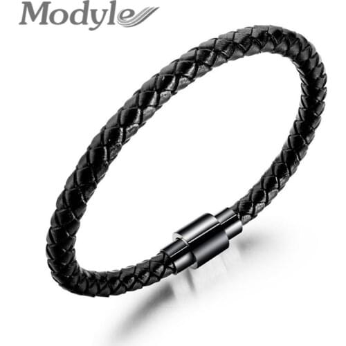 Modyle New Fashion Punk Cowhide Leather Men Bracelet Bangles for Women Jewelry Magnetic Snap Charm Bracelet Gift